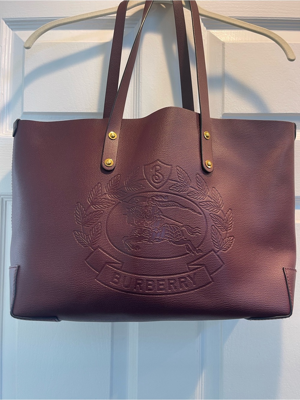 Burberry Burgundy Leather Crest Tote with Striped Lining